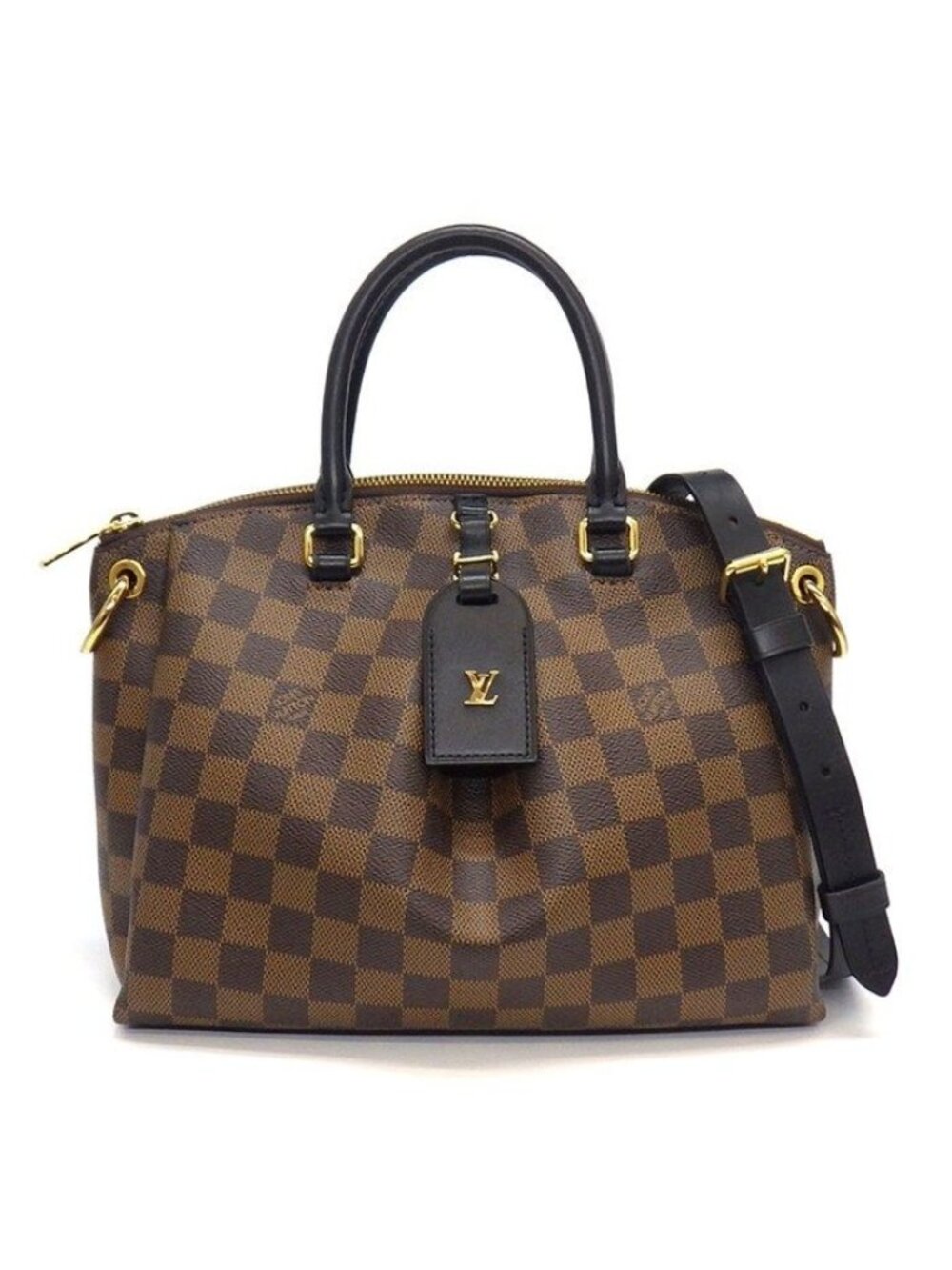 Louis Vuitton Handbag Odeon Tote Damier Ebene Canvas Black Leather Gold